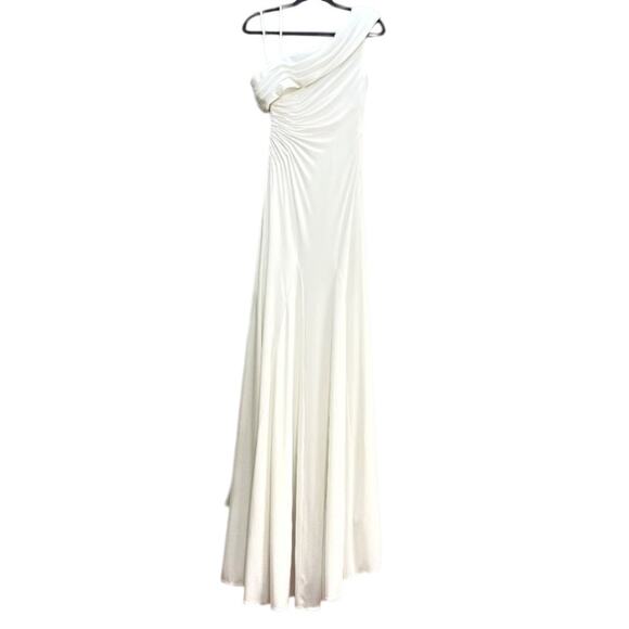 Mac Duggal Foldover Off-Shoulder Asymmetric Ruched White Jersey Maxi Gown sz 14 - Picture 12 of 16